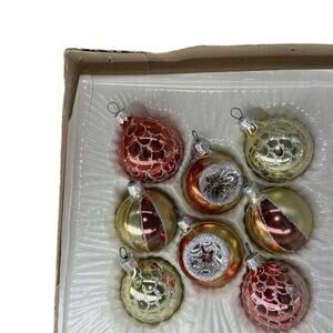 8 Vintage Commodore Glass 2" Ball Ornament Indent Stripes Silver Gold Red Brown